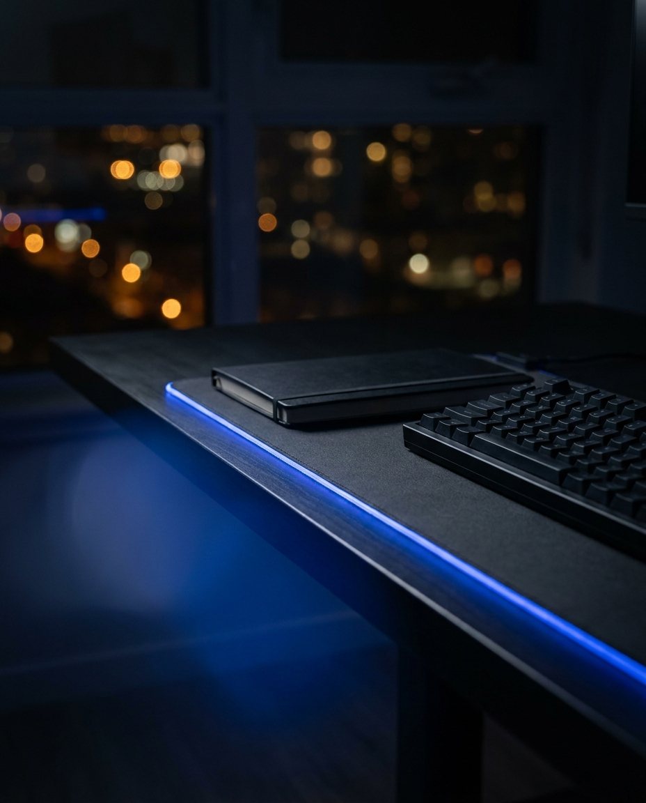 A dark, quiet studio desk lit by a thin blue light line at night