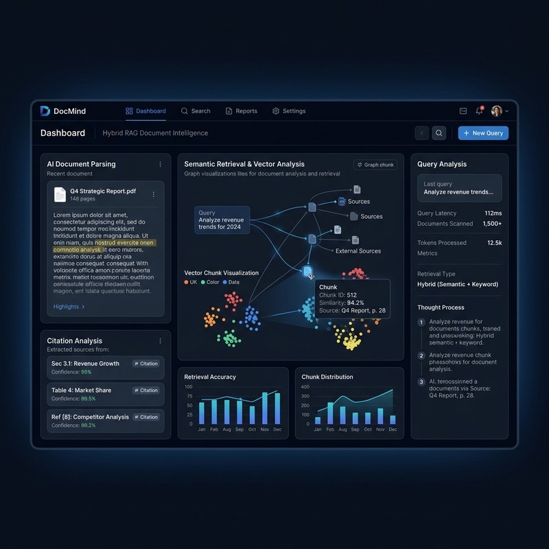 DocMind hybrid RAG document intelligence architecture and benchmark dashboard